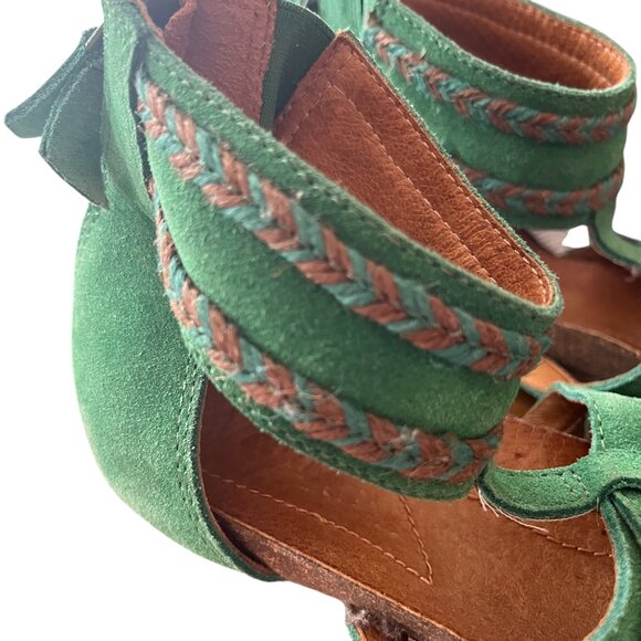 Naya Vintage Green Suede Leather Braided Boho Gladiator Sandals 9" Outer Sole - Picture 4 of 10